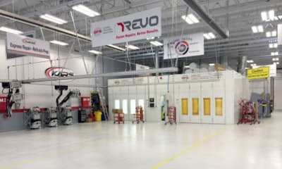The double Ultra XR booth at Kirmac’s Coquitlam–Schoolhouse location. The double booth allows cars to be painted on one side while coatings and filler are cured on the other.