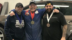 Newfoundland's Autobody Repair gold medalist Robert Hulan (centre) with silver medalist Patrick Noseworthy (left) and bronze medalist Jonathan Payne (right). All three are students at College of the North Atlantic in St. John’s.