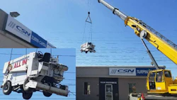 The Zamboni is hoisted into position. Lower Left: A close-up of the official Senators' Zamboni above CSN-Turpin-Capital Collision.
