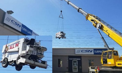 The Zamboni is hoisted into position. Lower Left: A close-up of the official Senators' Zamboni above CSN-Turpin-Capital Collision.