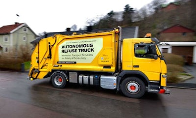Volvo's autonomous garbage truck, currently under development. The truck would still have a human operator to teach it the route and to actually pick up the garbage.
