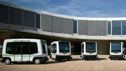 Small autonomous buses in use at an office park in California. Cities may one day supplement their own transit networks with similar fleets or even ordinary autonomous cars.