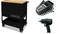 Some entries in the new Radical line from UAP. Clockwise, from left: Four-drawer service cart, ratcheting wrench set and impact wrench. The line also includes a combination wrench set, gloves and a toolbox.