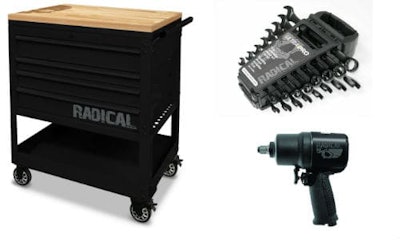 Some entries in the new Radical line from UAP. Clockwise, from left: Four-drawer service cart, ratcheting wrench set and impact wrench. The line also includes a combination wrench set, gloves and a toolbox.