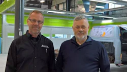 Albert Hutten, owner/operator of CSN-Blue Mountain Collision, and Osvaldo Bergaglio, President of Symach. CSN-Blue Mountain Collision has recently opened a new shop fitted with Symach's FixLine system.