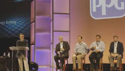 Moderator Bob Medved of PPG (left) leads a panel discussion with representatives of Audi, Toyota, Mazda and Collision Diagnostic Services.