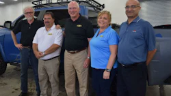 The LINE-X team made a stop at Assured Automotive North Brampton to meet with staff from Collision Repair magazine. From left: Garry Sowerby, Odyssey International Limited; Bruce Conquy, LINE-X of Quebec, Dennis Weese, President, LINE-X; Teppy Wigington, Director of Marketing, LINE-X and Fred Tajik, Assured Automotive North Brampton.