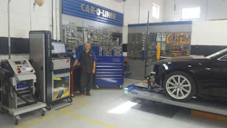 A technician at CSN Automacs show off some of the specific tools and new equipment required by the Audi Hybrid program. The program doesn't just list specifications tools must meet. In most cases, the tools must be of a particular brand.