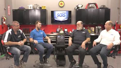 From Left: Andy Dingman of Dingman’s Collision Center, Michael Bradshaw of K&M Collision, Toby Chess of Kent Automotive and Dave Gruskos of Reliable Automotive Equipment in the third and final MIG welding video, which focuses on protective equipment.