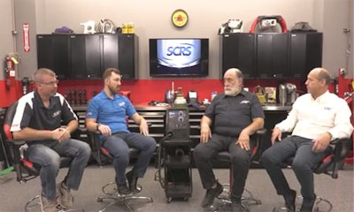 From Left: Andy Dingman of Dingman’s Collision Center, Michael Bradshaw of K&M Collision, Toby Chess of Kent Automotive and Dave Gruskos of Reliable Automotive Equipment in the third and final MIG welding video, which focuses on protective equipment.