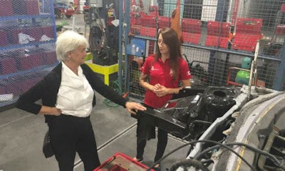 Hélène Laverdière, MP for Laurier—Sainte-Marie and Vyolaine Dujmovic, Canada’s competitor in autobody at WorldSkills Abu Dhabi.