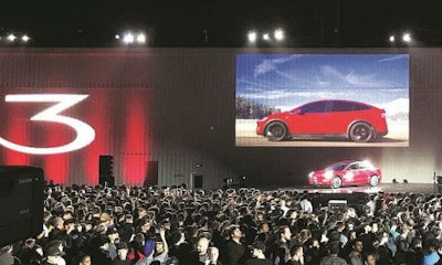 Tesla introduced one of the first Model 3 cars during an event earlier in 2017. Production has not come close to the marks CEO Elon Musk predicted, with some reports saying that bottlenecks are so bad workers are making some parts by hand.