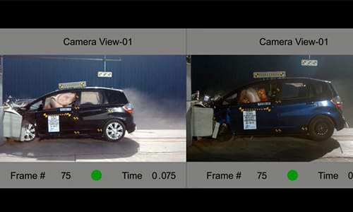 A 2013 blue Honda Fit with aftermarket parts, right, doesn’t manage to blow its side-curtain airbag until about 11 milliseconds after the deployment on the control black 2010 Fit. (Screenshot from Karco video provided by Tracy Law Firm.)