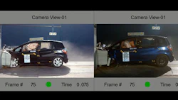 A 2013 blue Honda Fit with aftermarket parts, right, doesn’t manage to blow its side-curtain airbag until about 11 milliseconds after the deployment on the control black 2010 Fit. (Screenshot from Karco video provided by Tracy Law Firm.)