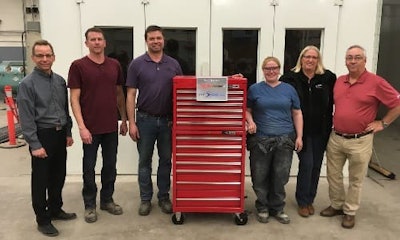 Left to right: Darryl Tomyn, Sutherland Automotive; Evan Bloomquist, instructor, SaskPolytech; Scott Kucharyshen, program head, SaskPolytech; Cindy Giesbrecht, grand prize winner; Cheryl Cotton-Schmidt, CARSTAR Saskatoon; Tom Bissonnette, president of SAAR.