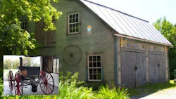The Olde Blacksmith's Art Gallery in Stanstead, Quebec, with the 1867 Steam Buggy inset.