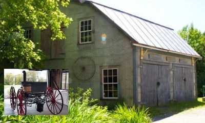 The Olde Blacksmith's Art Gallery in Stanstead, Quebec, with the 1867 Steam Buggy inset.