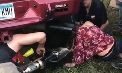 EMS workers had to attend to a 19 year-old girl who got her head stuck in a tailpipe at the Winstock Country Music Festival.
