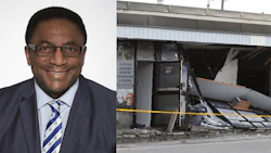Scarborough Centre Councillor Michael Thompson and the remains of Preferred Auto Inc.