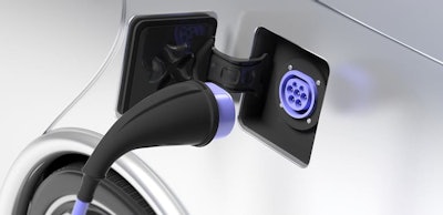Electric car charger socket type 2 on white vehicle. 3d illustration