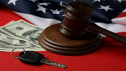 American law concept with judge gavel on red background