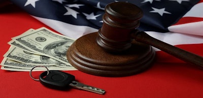 American law concept with judge gavel on red background