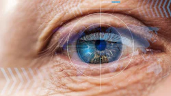 close up view of mature human eye with data illustration, robotic concept