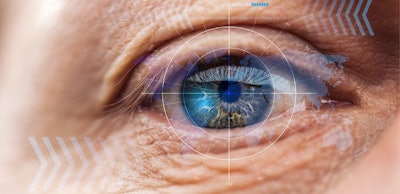 close up view of mature human eye with data illustration, robotic concept