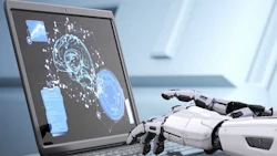 Robot’s hands typing on keyboard