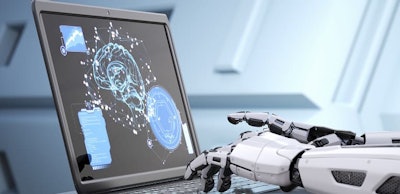 Robot’s hands typing on keyboard