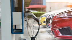 Electric car on electric car charging station. Power supply for