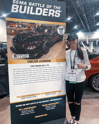 Chelsie Lesnoski at SEMA 2021, where she placed top three in the Battle of the Builders Young Gun competition.