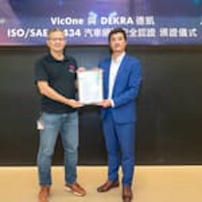 Vic One Photo Right Aaron Lee Managing Director Dekra Taiwan Presenting Iso Sae 21434 Certificate Left Max Cheng Ceo Vic One 1