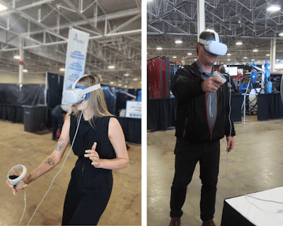 Allison Rogers, editor of Collision Repair mag, and Collin Welsh, senior director of operations/development for CARSTAR Canada, try their hands at VR painting and welding.