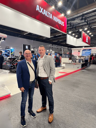 Darryl Simmons, publisher of Collision Repair magazine, and Logan Macpherson, Axalta’s director of customer experience and digital applications. Macpherson, a Canadian based out of Axalta’s Ajax, Ont. office, led a global team to develop Axalta Nimbus.