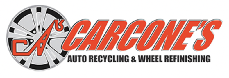Carcone's Auto Recycling logo with wheel design in red, black, and gray