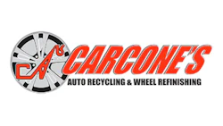 Carcone's Auto Recycling logo with wheel design in red, black, and gray