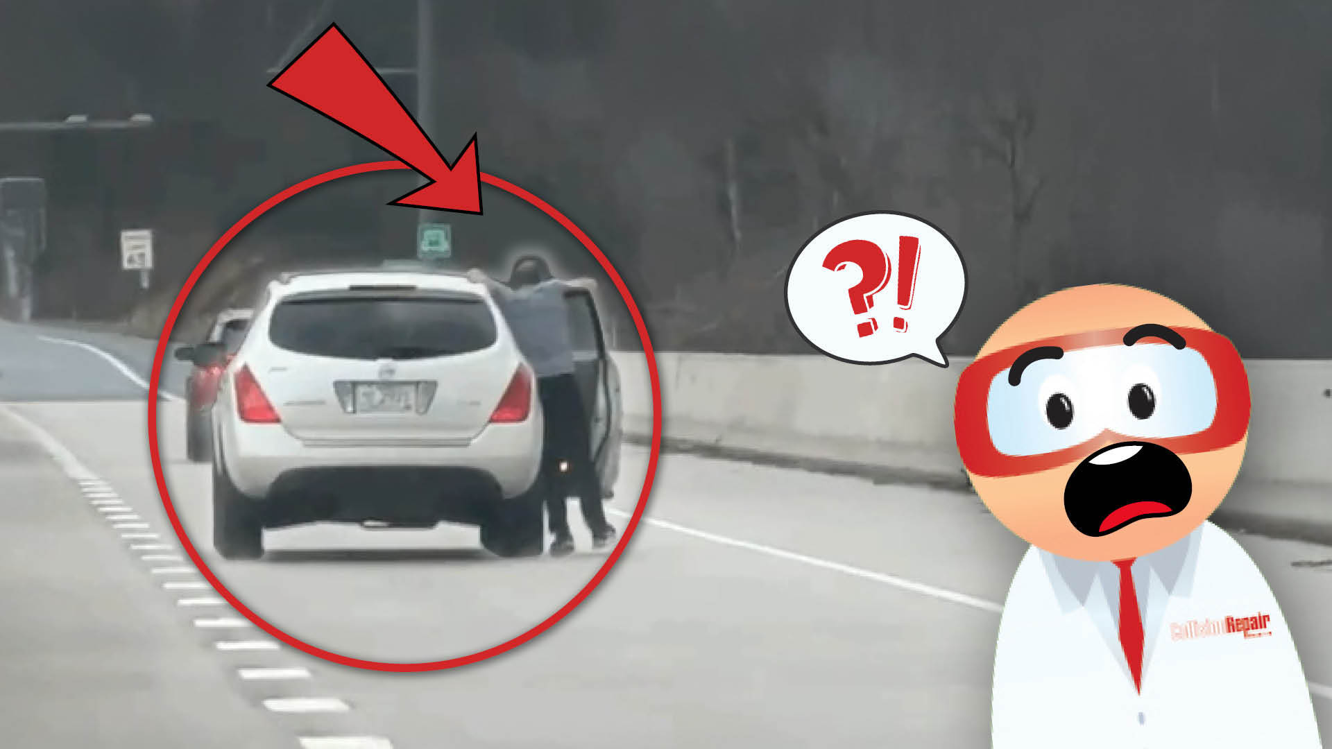 Roadside emergency with stopped white car and shocked cartoon safety inspector