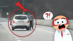 Roadside emergency with stopped white car and shocked cartoon safety inspector