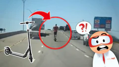 Electric scooter rider on highway with cartoon safety warning illustration
