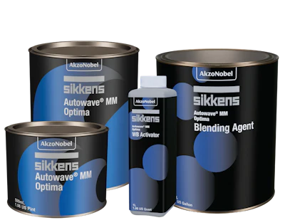 Sikkens automotive paint product line with multiple black and blue branded paint containers