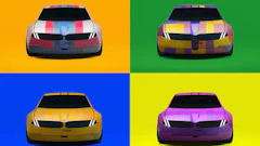 Geometric concept car in four color variations against bold background colors