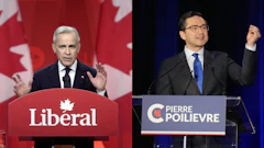 Canadian political leaders speaking at party podiums during national conference