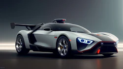 Sleek concept supercar with angular design and blue LED headlights