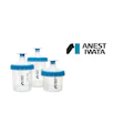 Anest Iwata measuring containers in clear plastic with blue caps of varying sizes