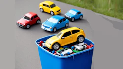 Colorful toy cars on gray surface, with yellow car perched on blue storage bin