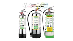 Color Compass fire extinguishers in three sizes with safety instructions
