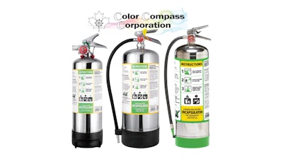 Color Compass fire extinguishers in three sizes with safety instructions