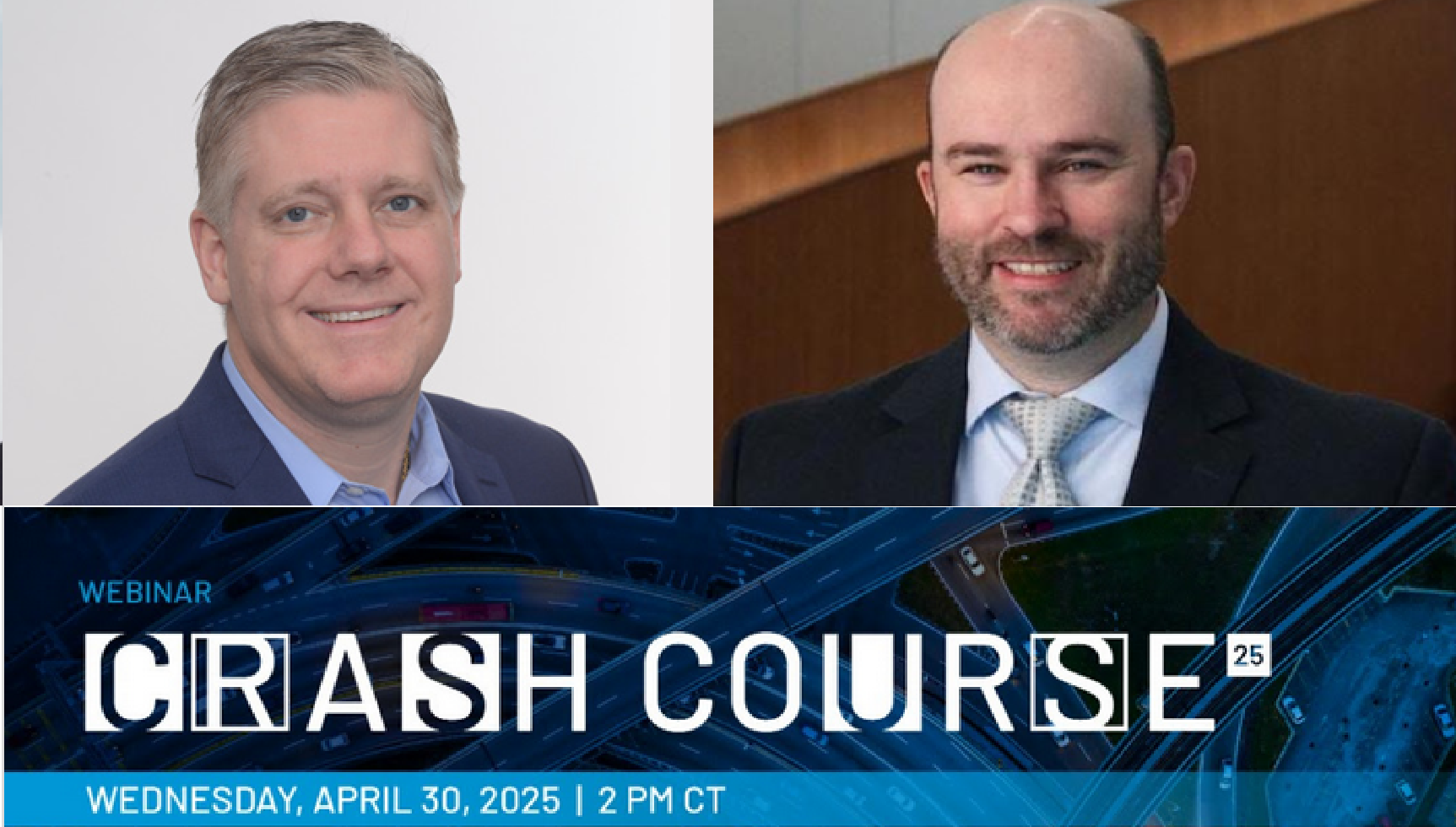 Webinar promo for Crash Course 25 with two business professionals