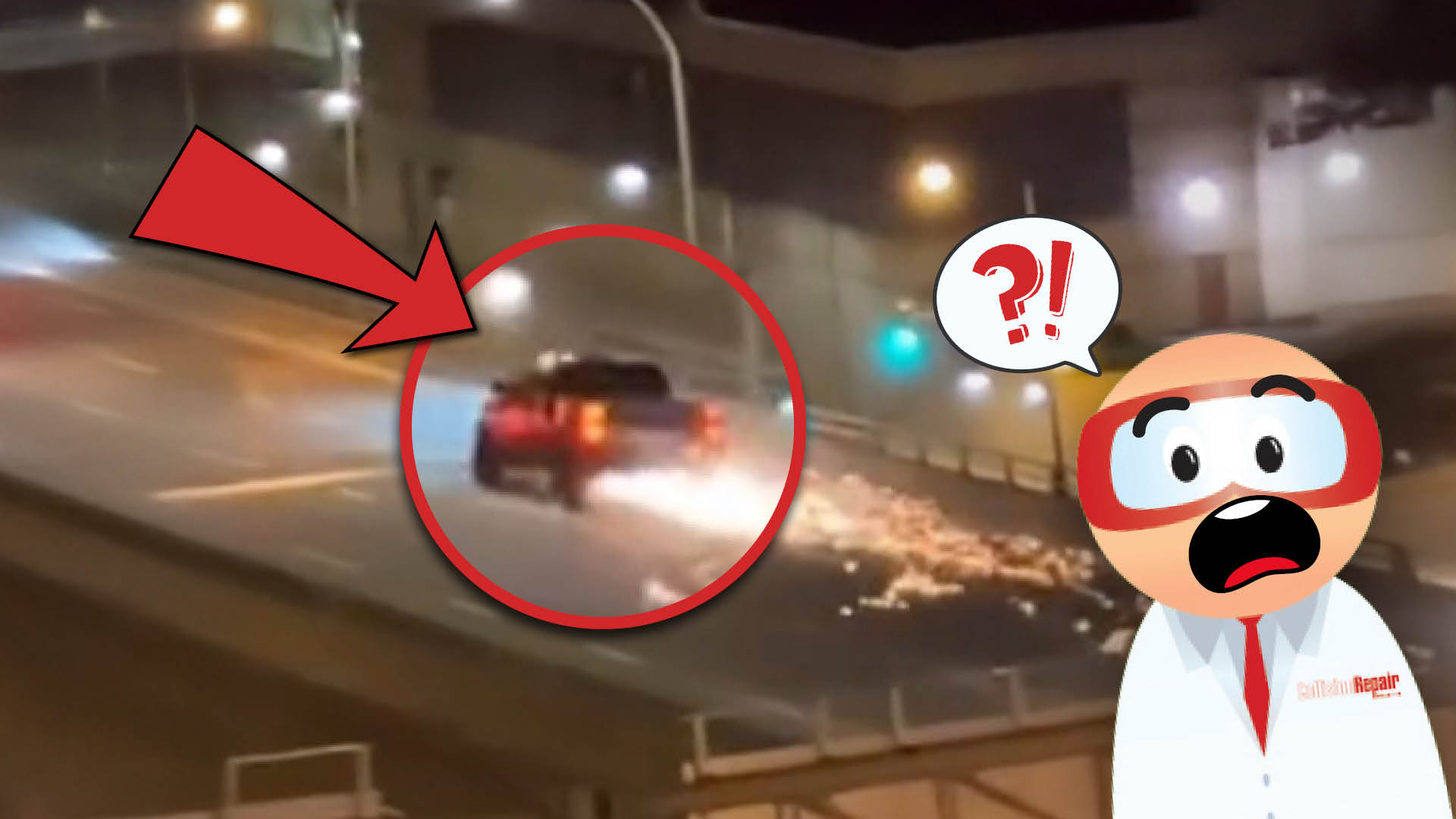 Car braking suddenly on nighttime road with shocked cartoon character